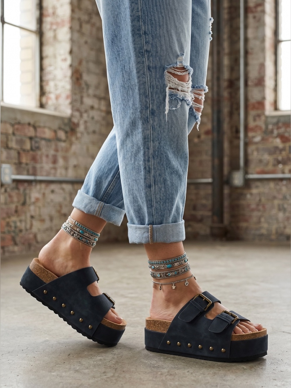 NIB Brand New Vegan Suede Leather Boho Double Buckle Platform Sandals Black - Picture 3 of 4